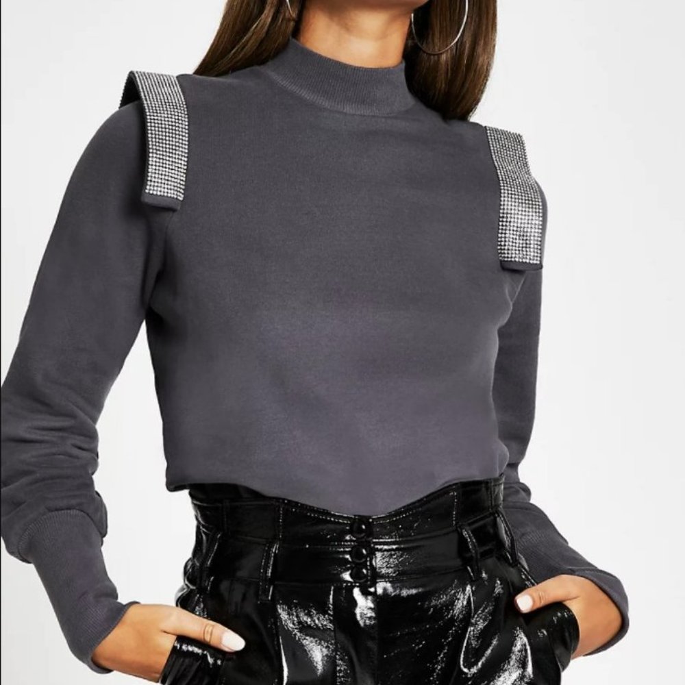 river island GREY DIAMANTE STRIP PUFF SLEEVE SWEATSHIRT